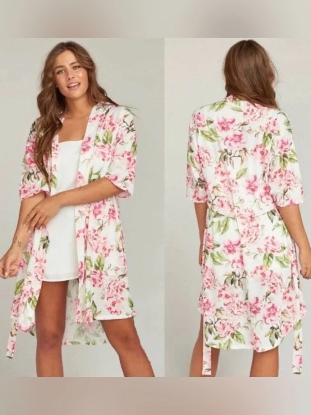 Show Me Your MuMu womens robe kimono one size fits all floral tie waist white - Picture 3 of 6